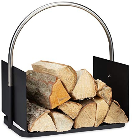 Relaxdays Porta Legna da Interno, Metallo, Manico Rotondo, Accessori per il Caminetto Indoor, 43,5 x 40,5 x 30 cm, Nero