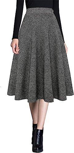 Ylingjun Warme Woll-Midiröcke für Damen, Winter, Herbst, hohe elastische Taille, A-Linie, ausgestellte Wollröcke