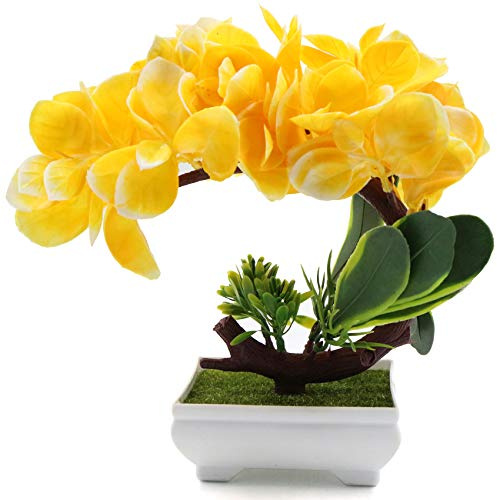 Künstliche Topfpflanze Kunstpflanze Künstlicher Bonsai-Blumen Plastik Klein Dekorative Pflanzen Bonsai, Ideal für Büro Garten Balkon Deko Tischdeko und Outdoor Dekoration, Geschenk （Gelb, 21x 20 cm）
