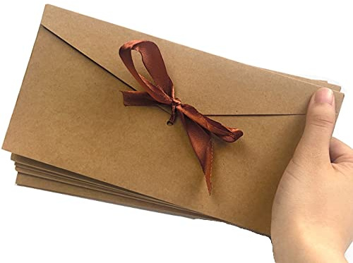 10 Stück Schöne Briefumschläge Kraftpapier Umschläge mit Schleife Blanko Retro Kraftpapier-leere Festliche Postkarte Umschlag für Weihnachten Geburtstag Valentinstag Hochzeit Geschenk Karten
