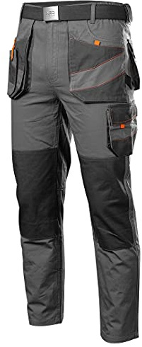 NEO TOOLS Herren Arbeitshose, 100% Twill-Baumwolle 260 g/m2 | Verstärkter Kniebereich mit Taschen, Für Knieschoner, Multifunktionstaschen, Stoffgürtel, Größe:L, Grau