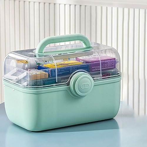 Mairuker Medicine Storage Containers 3-Tier Fold Tray Plastic Medical Supply Organizer with Removable Pill Case & Handled, Empty Family First Aid Box for Medicine, Art, Family Emergency Kit [Green]