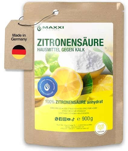 Maxxi Clean | 1x 900 g di polvere di acido citrico di qualità alimentare | Prodotto in Germania | Rimedio domestico per cucina, casa e cosmetica | Acido citrico (100% purezza) | Additivo acidificante