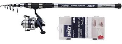 Shakespeare Salt Hering Hustler Kombi-Set, Angelrute und Rolle, Kombi, Spinning-Kombination inklusive Hartschalenkoffer, Köder und Endgerät, Küstenangeln, Hering, Unisex, Blau und Weiß, 3 m, 60-90 g
