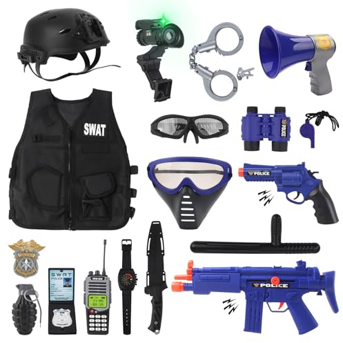 deAO Jeux De Rôle De Police Deguisement, Enfant Policier Costume Gilet, Vestes Ensemble De Costume De Police avec Casque menotte Lunettes Walkie Talkie etc, 18Pcs Accessoires De Police