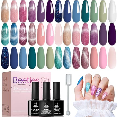 Set de esmalte de uñas en gel Cat Eye de Beetles, 24 piezas, esmalte de uñas en gel brillante con glitter, con pincel magnético, acabado brillante y mate, capa superior y base de color azul, rosa