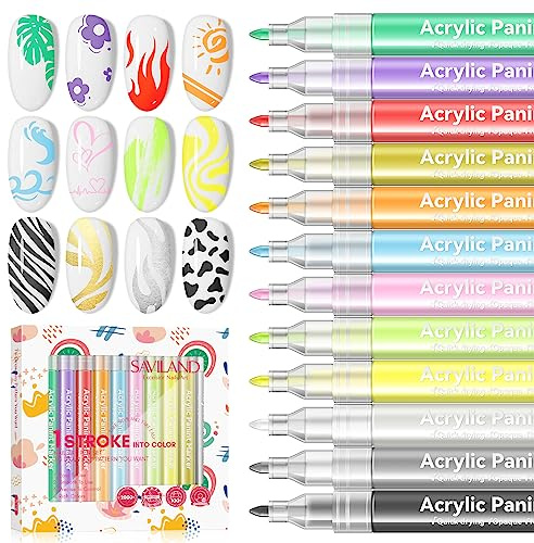 Saviland 12 Colors Nail Art Pens, DIY Quick Dry Dotting Point Liner Pens | 3D Nail Polish Pens for Drawing Painting, Nail Art Kit for Home Salon