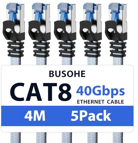 BUSOHE Cat 8 LAN Kabel 4m (5 Stück), 40Gbps Netzwerkkabel Ethernet Kabel | Flach Hochgeschwindigkeits Gigabit RJ45 Patchkabel, Geflochtener Internetkabel Kompatibel mit PC, Router, Modem