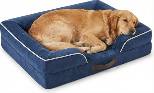 Codi Large Memory Foam Layer Dog Bed, Washable Orthopedic Dogs Beds Couch with Removable Zipper Cover, Waterproof Pet Sofa with U-Shape Bolster, Navy Blue, 91x68x(7.5+8.9) cm