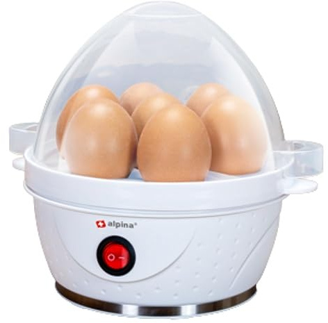 alpina Electric Egg Cooker - Egg Cooker for 7 Eggs - Includes Measuring Cup, Egg Holder and Egg Drills - 230V - 320-380W - Warning Signal - Non-Slip, White