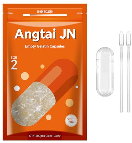 AngtaiJN Capsule Gelatina Vuote 2-Capsule Vuote Trasparenti da Riempire con 2 Microcucchiai, Capsula di Gelatina 2 Fai Da Te Compatibile con il Riempitore di Capsule Misura 2, 500 pezzi