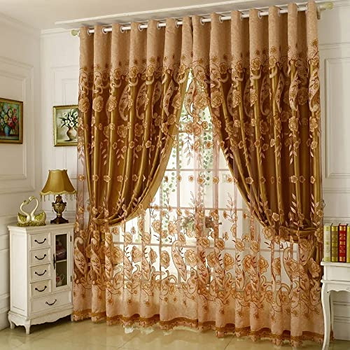 Amidoudou 1 Coppia di Tende Europee Doppio Strato Per Soggiorno Camera Da Letto Fiore E Foglia Di Lusso Tende Con Perline (Caffè, 140 x 260 cm)