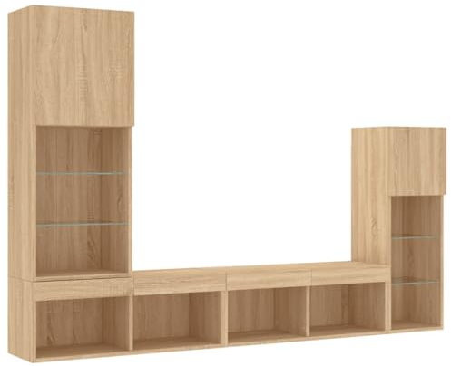 vidaXL Muebles de TV de Pared con LED 4 pzas, Soportes de Televisión, Armarios Colgantes, Muebles Flotantes, Madera de Ingeniería Roble Sonoma