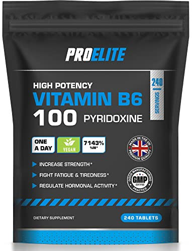 Vitamin B6 100mg - 240 Vegan Tablets 7000% Nrv Dose High Strength | B6 Vitamins Contributes to Healthy Metabolism, Reduction of Tiredness, Normal Immune & Nervous System Function by PROELITE