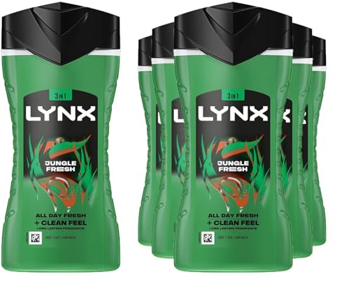 Lynx 3-in-1 Shower Gel Jungle Fresh 12 Hours of Long Lasting Refreshing Fragrance Body Wash with Plant-Based Moisturisers for Men for Naturally Soft Skin, 225ml Pack of 6