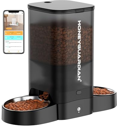 HoneyGuaridan Comedero Gato Automatico, 5L Dispensador Comida para Perro/Gato con Dos Cuencos, 2.4G WiFi con Control de App, Temporizador y Grabador de Voz 10s, hasta 24 raciones 6 Comidas al día