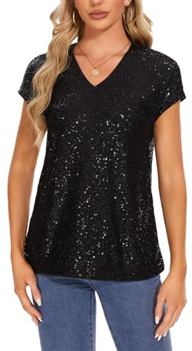 MINTLIMIT Bluse Damen Elegant Pailletten Glitzer Tops Kurzarm Festival Party Oberteil (Schwarz，L)