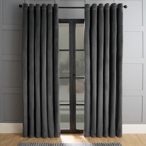 OHS Blackout Curtains Velvet, Thermal Fleece Lined Decorative Eyelet Curtains for Bedroom Living Room Insulated Warm Energy Saving Black Out Curtains - Grey, 46 x 54