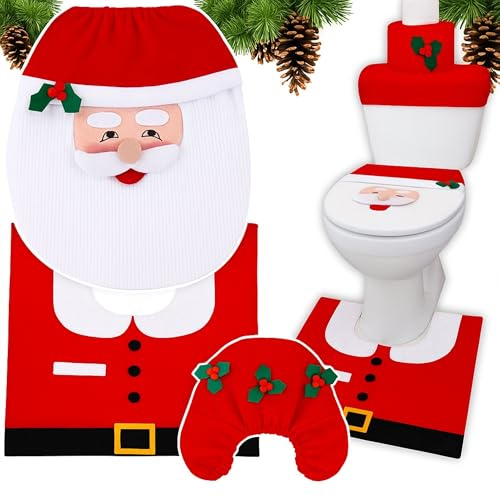 Przydasie Weihnachtsdeko Toilette Set 3-teilig – WC Deckelbezug mit Weihnachtsmann-Motiv – Badezimmerteppich Weihnachten – Toilettensitzbdeckung mit Papierhalter – Lustige Toilette Weihnachtsdeko