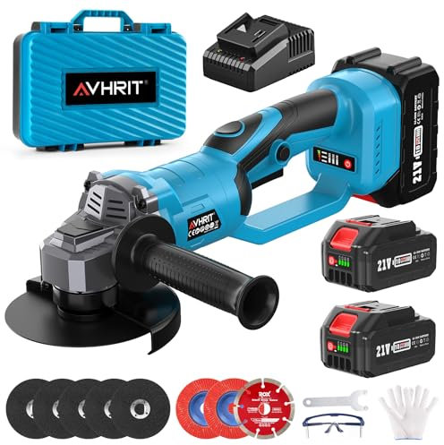 Avhrit Cordless Angle Grinder 21V, 115mm Battery Angle Grinder with 180° Handle, Brushless Tool with 2 x 4.0Ah Batteries, for Metal Cutting, Grinding and Tiles Cutting