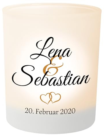 Jahrestag Geschenk: Teelichtglas personalisiert mit Namen & Datum – personalisierte Geschenke zur Hochzeit, Jubiläumsgeschenk, Dekoration – Teelichthalter Windlicht ca. 8,5 cm hoch (Zwei Herzen)