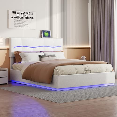 Gepolstertes Bett, Doppelbett,LED-Hydraulikbett, Funktionsbett mit großem Stauraum und USB-Aufladung, Jugendbettgestell mit verstellbarem Kopfteil und Lattenrost, Ohne Matratze (Beige, 140x200cm)