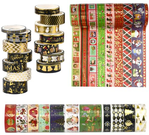 EUIEUT 34 Rollen Weihnachten Washi Tape Set Weihnachtsdeko Masking Tape Selbstklebend Goldfolie Klebeband DIY Dekoband Weihnachten Klebeband für Scrapbooking DIY Handwerk Geschenk Verpackung
