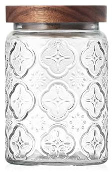 Glass Storage Jar with Wooden Lid - 700 ML Airtight Vintage Canister for Kitchen Pantry, Beautiful Decorative Containers for Candy, Cookie, Biscuit, Coffee, Sugar, Sweet, Treat, Tea, Salt, Begonia
