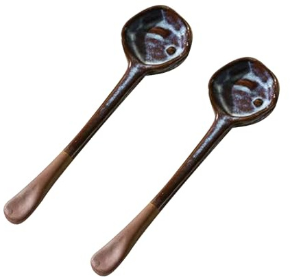 Jarsense Ceramic Ramen Soup Spoons - Japanese Retro Blue Ladles, Set of 2 for Pho, Miso, Cereal, and Sauces