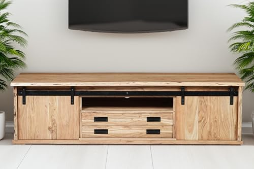 SAM TV-Board Lian I | Akazienholz | Farbe: Natur | 180x55x50 cm | 5 Fächer & 2 Schubfächer | 2 Schiebetüren mit Baumkante | Lowboard/TV-Schrank mit gusseisernen Elementen