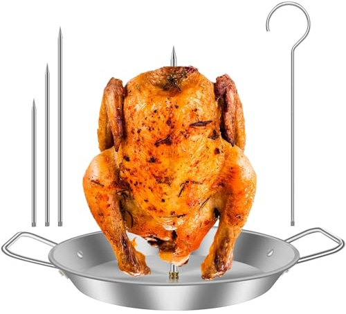 Vertical Meat Skewer Stainless Steel BBQ Vertical Skewer Grill with 3 Replacement Spikes and Hanger Brazilian Barbecue Grilling Rack with Handle and Drip Tray for Whole Chicken Fish Sausage Steak