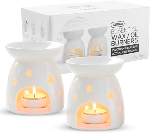 Anbar Star Flower Pattern Ceramic Oil Burner with Tealight Holder & Candle, 90ml Bowl, Glazed Finish, Aromatherapy Wax Warmer Diffuser, Bedroom Decor for Home Relaxation (2)