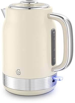 Swan SK19025C Retro Jug Kettle, Rapid Boil, Removable Limescale Filter, Easy Pour, 360 Degree Base, Water Indicator Window and Boil Dry Protection 1.7L, 3KW, Cream and Stainless Steel