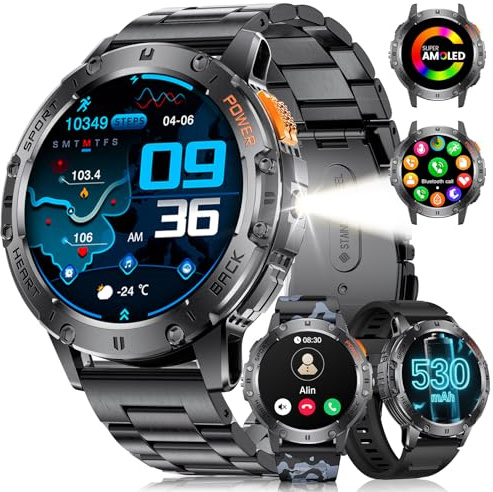 LIGE Smartwatch Herren(3 Straps)- Telefonfunktion/Taschenlampe, 1,43'' AMOLED Display, IP68 Wasserdicht, 100+ Sportmodi Fitnessuhr, Outdoor Smartwatch für iOS Android, Schwarz Stahl/Tarnung Silikon