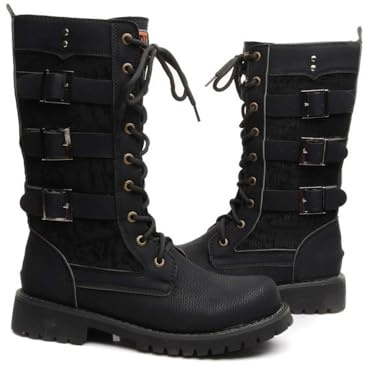 YUMALI Botas De Montar De La Motocicleta Para Los Hombres Steampunk Heavy Metal Encaje Hasta PU Zapatos De Cuero Militar De Arranque Con Tallas Grandes (Black,44)