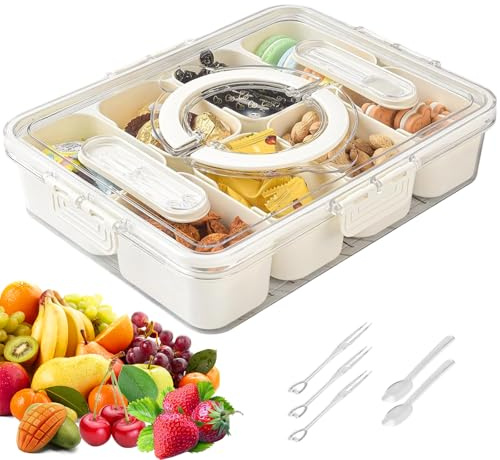 Portasnack Trasparente con 8 Scomparti, Scatola Ermetica per Alimenti con Coperchio, Include Forchetta e Cucchiaio, BPA Free, Ideale per Snack, Frutta, Verdura, Noci, Dolci, per Bambini, Feste
