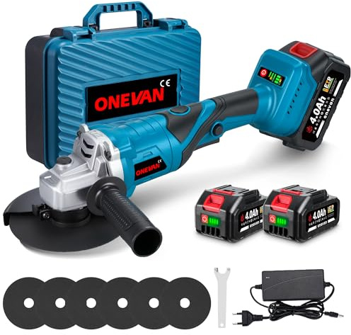 ONEVAN 5025 Akku Winkelschleifer Bürstenlos 125mm, 180° drehbarer Kopf, 3 Geschwindigkeitsstufen, 0-18000 U/min, LED-Akkuanzeige, 2x 4.0Ah Akku & Ladegerät