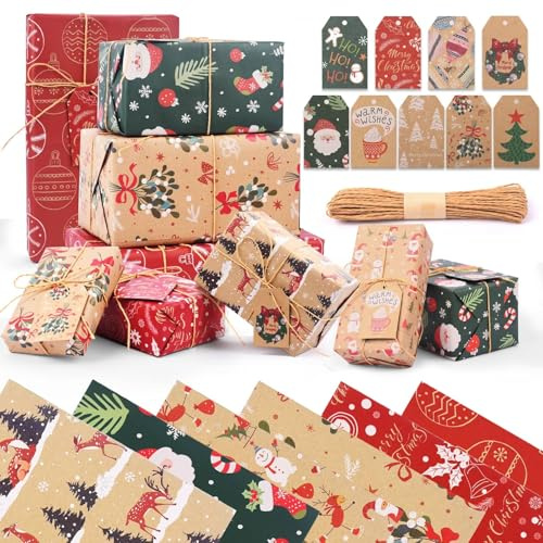 AhfuLife 12 Blatt Weihnachts Geschenkpapier, 70x50cm Weihnachtspapier Recycelbare Kraftpapier mit 6 Vintage-Motiven und 9 Geschenkanhänger Packseil für Heiligabend Xmas Zarte Weihnachtsgeschenkpapier