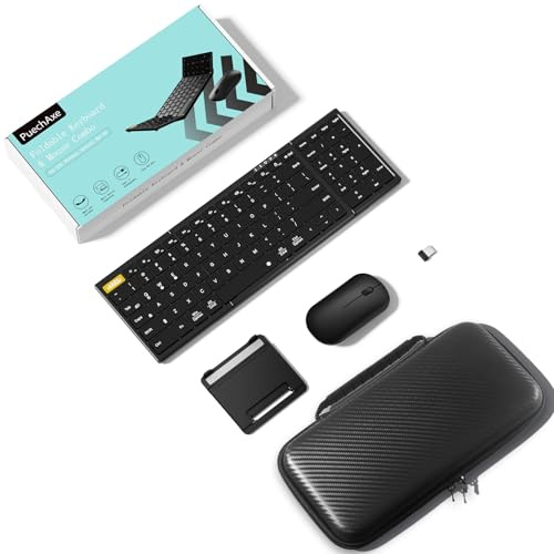 PuechAxe Tastiera e mouse pieghevoli, tastiera e mouse wireless, portatile, pieghevole, 2,4 G + BT5.0 x 2, tastiera e mouse da viaggio Bluetooth ricaricabili per laptop, iPad, tablet