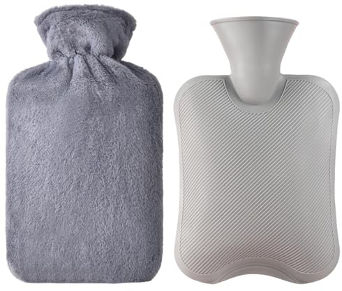 Bolsa De Agua Caliente Con Funda Suave,Botellas De Agua Caliente Esponjosas,Bolsa De Agua Caliente Gran 2L,Bolsa Agua Calientes Con Suave Felpa Funda,Para Aliviar El Dolor,Gris,Kiuiom