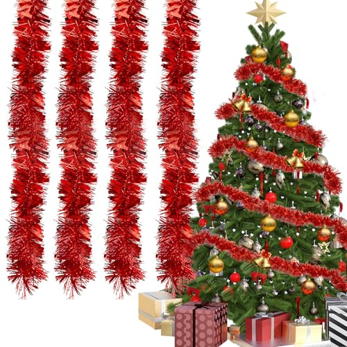 Lametta Weihnachtsbaum Rot 4X 3M Girlande Weihnachten - Weihnachtsgirlanden Glänzend Lametta Girlande Ø 9 cm Weihnachts L-ametta G-irlande für Weihnachtsdekoration Kamin Treppengelände Deko(Rot)