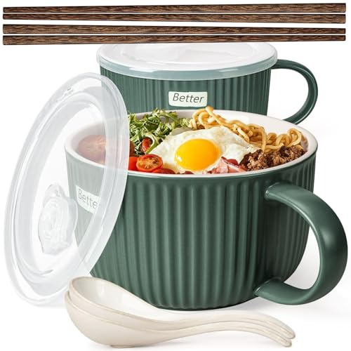 Artena 38 oz Soup Bowls with Handles, Lids, Spoons & Chopsticks – 6 Inch Large Microwave Safe Ceramic Ramen Bowls, Soup Mugs & Cereal Bowls for Instant Noodles, Oatmeal, Meal Prep (Green-Set of 2)