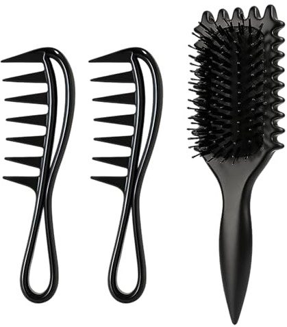 3er Set Locken Bürste mit Lockenbürste und Kamm,Brush für Lockenpflege und Entwirren, Bürste für Locken,Ideal für Salon und Haushalt(Schwarz)