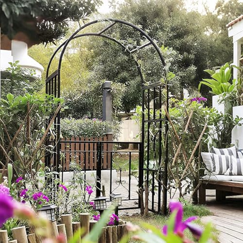 Arche de rosier noire robuste avec portail, treillis de jardin en métal de 210 cm pour grimper, terrasse, jardin, tonnelle robuste avec piquets de 20 cm