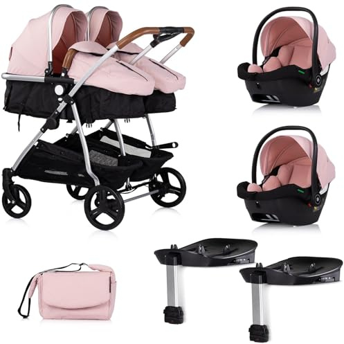 DUO SMART Silla de paseo para gemelos o niños de edades cercanas, ancho 79 cm, Rosa + 2 fundas i-Size rosa con base Isofix