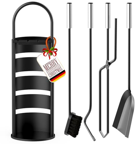 Kaminbesteck Set，Kamingarnitur，Kaminwerkzeuge，Kaminreinigungs 5-teiliges Set Kaminzubehör：Schürhaken,Ascheschaufel,Besen,Zange,Ständer,Modern Edelstahl Kaminofen Besteck für Küche Haushalt，Schwarz