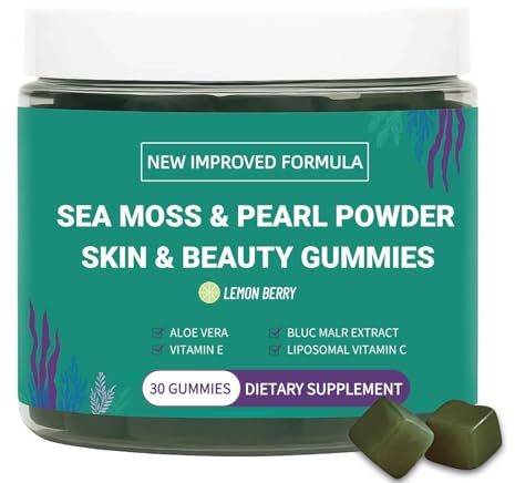 Sea Moss & Pearl Powder Gummies pour la peau et la beauté, supplément naturel avec vitamine C, E, aloe vera, saveur citron berry, 30 gommes pour cheveux, peau et ongles