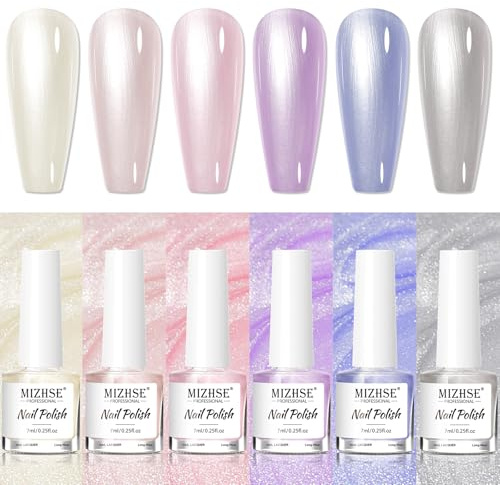 MIZHSE Pearl Nail Polish Set Quick Dry Non-gel, 6 Colour Pearlescent Nail Polish Set, Nails Varnish with Pearl Shimmer, Polishes for Home DIY Nails Art Salon, 7ml x 6