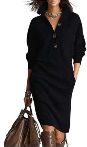 Robe Hiver Femme Col Droit - Robe Tricot Femme Couleur Pure Long, Robes Décontractée Stretch - Pulls Mode Convient pour Le Printemps, L'automne Et l'hiver Noir XXL