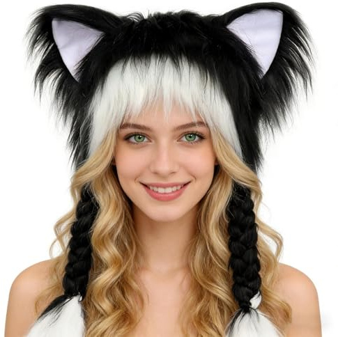 Generisch Niedlicher Plüsch Katzen Hut - Wärmendes Cosplay Kostüm Zubehör für kalte Tage,Katzenohren Haube für Damen im Winter - für Erwachsene Damen Kinder
